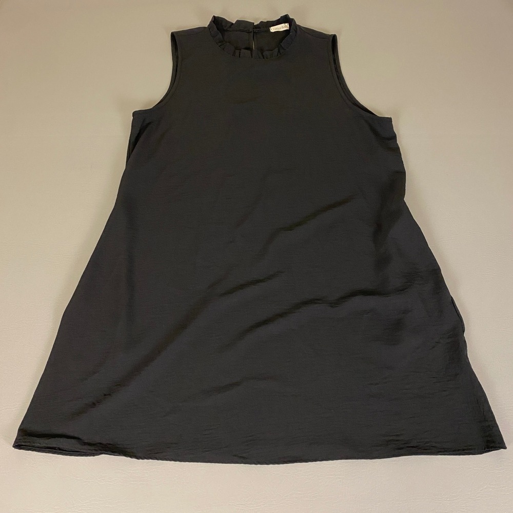 Cotton Bleu Dress Women's‎ XL Solid Black Sleeveless Ruffled Neckline w/ Pockets